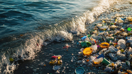 A beach filled with plastic waste and debris highlights the urgent issue of pollution along coastal areas. Gentle ocean waves lap against the littered shore.の素材