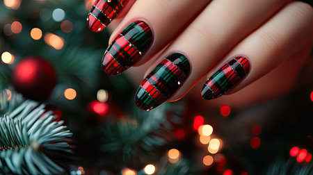 Discover a stunning Christmas nail art design featuring elegant plaid patterns in red and green, perfectly complementing a festive atmosphere filled with decorations.の素材