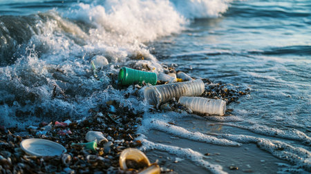 Waves crash against a sandy beach littered with plastic waste, showcasing the urgent need for ocean cleanup and environmental awareness in coastal areas.の素材