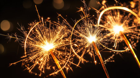 Captivating image of bright sparklers producing golden sparks against a dark backdrop. Perfect for celebrating holidays, festivals, or joyous moments.の素材