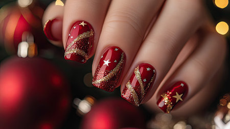 Stunning red nail art featuring gold glitter and star accents, ideal for festive celebrations. Perfectly captures the essence of holiday glamour and seasonal spirit.の素材