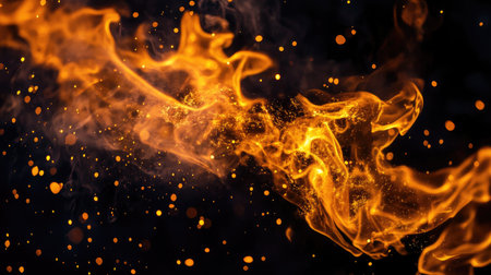 Stunning image of vibrant flames and glowing sparks on a dark background, creating an intense and energetic atmosphere perfect for creative and visual projects.の素材