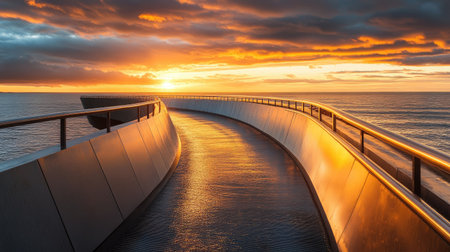 This captivating image features a sleek, curved walkway leading towards a stunning ocean sunset, enveloped in vibrant colors and dramatic clouds. A serene escape awaits.の素材