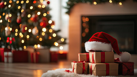 A charming holiday scene featuring neatly wrapped gift boxes adorned with ribbons and a Santa hat, set against a beautifully lit Christmas tree, evoking warmth and joy.の素材