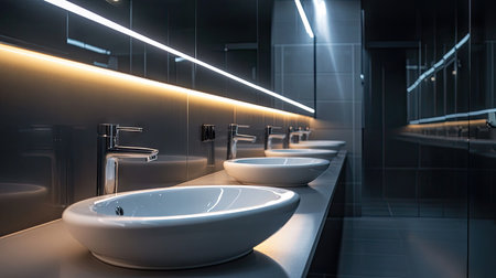 This image features a modern bathroom sink design, showcasing sleek basins with stylish lighting that enhances the minimalist aesthetic and offers a luxurious feel.の素材