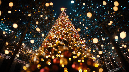 A stunning Christmas tree illuminated at night, surrounded by shimmering lights and vibrant ornaments, creating a warm and magical winter atmosphere. Perfect for festive themes.の素材