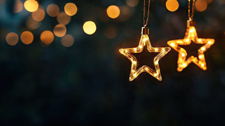 This stunning image features shimmering star ornaments illuminated with warm light, elegantly suspended against a captivating bokeh background, perfect for holiday charm.の素材