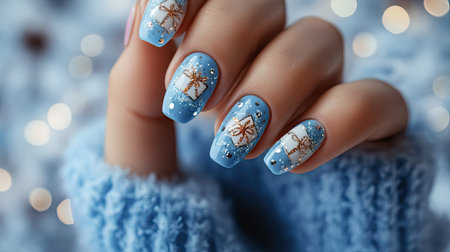 This striking nail art exemplifies winter beauty with a cozy blue background and stunning snowflake patterns. A perfect choice for seasonal inspiration!の素材