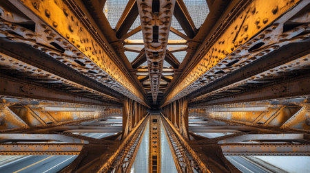 A captivating view of a bridge's intricate steel framework from below, showcasing the interplay of rust and texture, offering a unique take on urban architecture.の素材