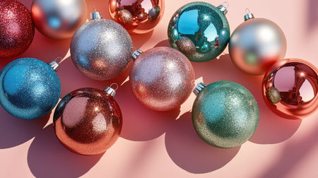 A vibrant arrangement of glittery Christmas ornaments in various colors resting on a pink surface, perfect for capturing the festive spirit and enhancing holiday decor.の素材
