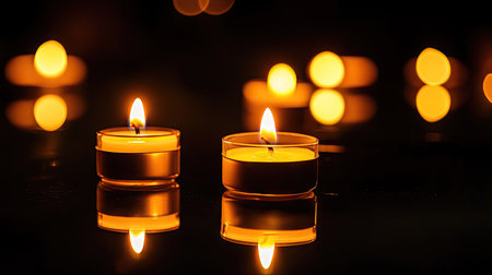 A serene image showcasing tealight candles gently flickering in a dark environment. The warm glow and reflections create a calming atmosphere, perfect for meditation and relaxation.の素材
