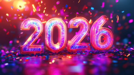 Bright and colorful illuminated numbers showcasing 2026 against a vibrant confetti background, perfect for New Year celebration themes and festive events.の素材