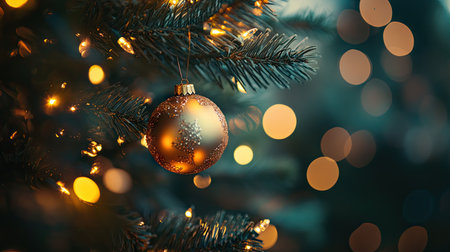 A striking golden ornament dangles gracefully from a Christmas tree branch, surrounded by soft glowing lights, creating a warm and magical holiday ambiance.の素材