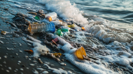 This image illustrates plastic waste littering a beach, highlighting the pressing issue of marine pollution. It showcases the impact on the environment and emphasizes conservation efforts.の素材