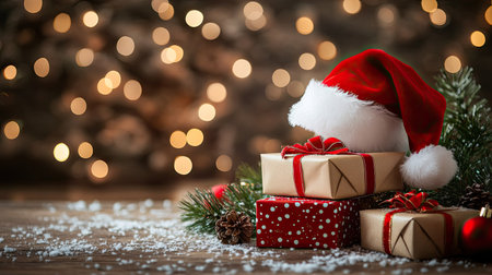 A beautifully arranged set of Christmas gifts adorned with a red Santa hat rests on a wooden surface, enhanced by pinecones and soft, blurred holiday lights.の素材