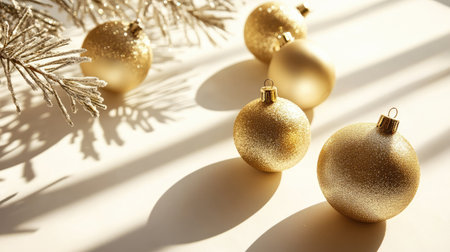 Beautiful golden Christmas ornaments sit elegantly on a soft surface, casting delicate shadows in a warm light, creating a serene holiday atmosphere for decoration.の素材
