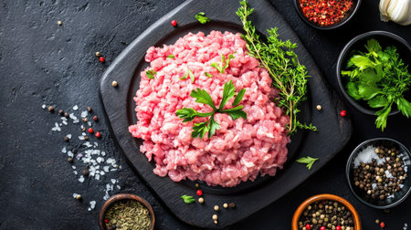 An artistic arrangement of freshly ground raw meat on a black slate platter, surrounded by vibrant spices and herbs. Perfect for culinary inspiration and food preparation.の素材