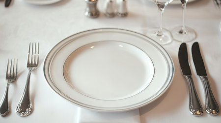 A beautifully arranged dining table featuring fine china, polished cutlery, and elegant glassware, creating a sophisticated atmosphere for any special meal or event.の素材