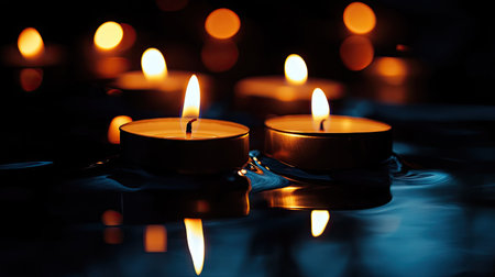 Immerse yourself in this serene night scene featuring floating candles casting a warm glow on the water's surface, perfect for relaxation, meditation, or intimate gatherings.の素材