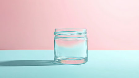 An empty glass jar placed against a soft pastel background, highlighting its clear structure and reflection, perfect for creative projects and minimalistic designs.の素材