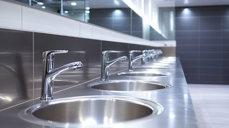 A modern public bathroom features multiple chrome faucets and bright lighting, offering a clean and stylish atmosphere with minimalist design elements.の素材