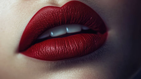 This close-up image captures the striking beauty of bold red lips with a glossy finish, emphasizing a sculpted smile and soft skinの素材