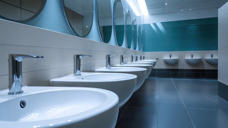 This image showcases a modern bathroom with multiple stylish sinks and round mirrors. The sleek design and ambient lighting create a clean and inviting atmosphere ideal for public spaces.の素材