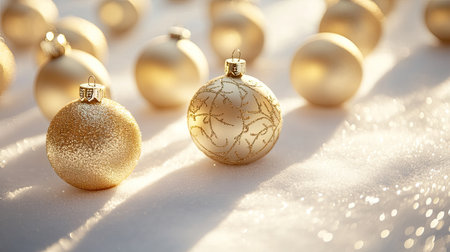 Beautiful golden Christmas ornaments scattered over a soft snowy surface, radiating warmth and elegance, perfect for conveying festive spirit and holiday cheer.の素材