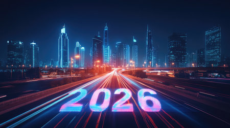 Stunning view of a vibrant city skyline at night in 2026, showcasing illuminated skyscrapers and dynamic motion blur along the roads, representing a modern urban future.の素材