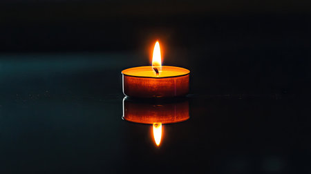 A serene candle flame illuminates a dark surface, creating a peaceful atmosphere ideal for relaxation and meditation. This image captures tranquility and warmth.の素材