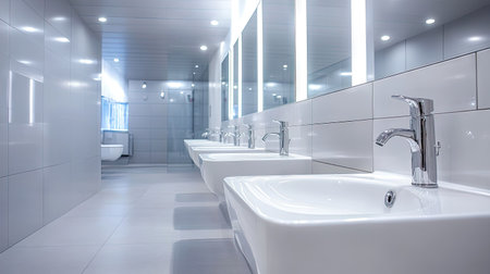 Discover a modern bathroom interior featuring sleek sinks, bright lighting, and a clean tile design, perfect for showcasing contemporary aesthetics and hygiene facilities.の素材