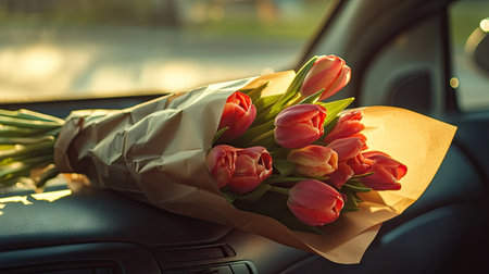 A beautiful bouquet of tulips resting on a car dashboard, captured in soft sunlight. The vibrant colors and gentle textures create a serene and joyful mood.の素材