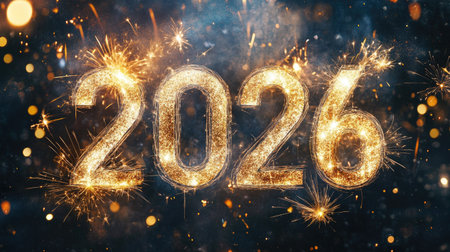 Stunning golden fireworks illuminate the night sky to welcome 2026, creating a festive and joyful atmosphere perfect for celebrations and event themes.の素材