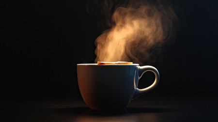 A beautifully crafted cup of hot coffee sits against a dark background, with steam gently rising, evoking feelings of warmth and comfort perfect for morning routines.の素材