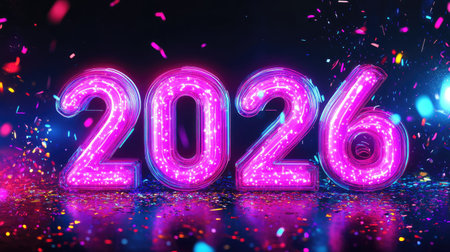 Bright and vibrant neon numbers 2026 shine amidst a backdrop of colorful confetti and sparkling lights, creating a festive atmosphere perfect for New Year celebrations.の素材