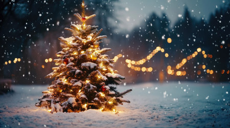 A charming Christmas tree stands adorned with lights and ornaments in a snowy landscape, creating a magical winter scene filled with warm holiday spirit.の素材