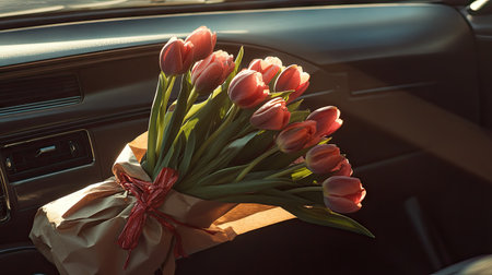 A stunning bouquet of pink tulips is beautifully arranged in a car, featuring natural sunlight that enhances the soft colors and makes it a perfect gift.の素材