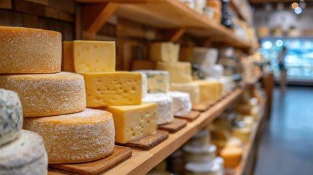 Shelves lined with cheese wheels and blocks in a boutique shop, displaying a rich assortment of cheese types from cheddar to goat cheeseの素材
