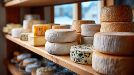 Shelves in a cheese shop stacked high with wheels of cheese in different sizes, from creamy Brie to tangy blue cheese, offering a delightful selectionの素材