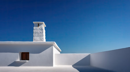 Simple rooftop of a white coastal house with chimney detail silhouetted against deep azure skyの素材
