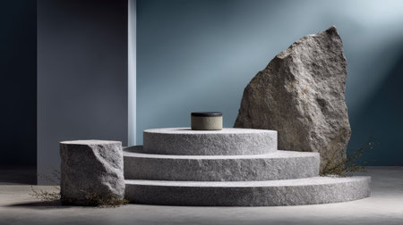 Split granite podium in dramatic composition, minimalist background for bold productsの素材