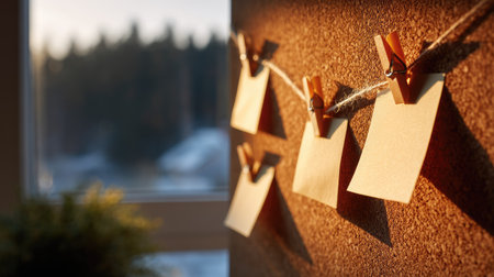 Side-angle view of a cork board with pinned blank notes catching warm natural light from a windowの素材