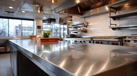 Shiny stainless steel island table in a spotless commercial kitchen, reflecting overhead lights and ready for food prepの素材