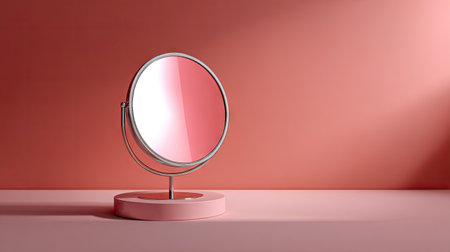 Simple, elegant circular makeup mirror isolated on a muted pastel background, emphasizing its modern designの素材