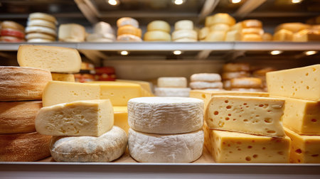 Shelves in a cheese store displaying a wide selection of cheeses, ranging from soft to hard, each one looking fresh and appetizingの素材