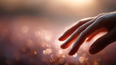Soft-focus close-up of fingertips approaching, against a warm bokeh background, gentle and hopefulの素材
