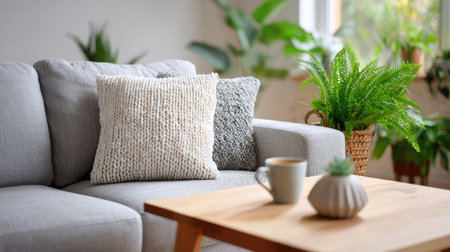 Simple soft pillow on a fabric sofa with a wooden coffee table and house plants in the backgroundの素材
