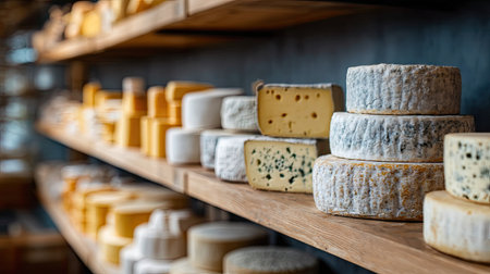 Shelves in a cheese shop stacked high with wheels of cheese in different sizes, from creamy Brie to tangy blue cheese, offering a delightful selectionの素材