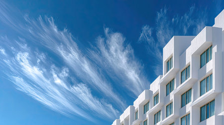 Side profile of a white hotel exterior with repeating window shapes set under a vibrant skyの素材