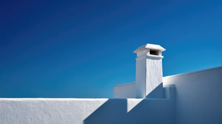 Simple rooftop of a white coastal house with chimney detail silhouetted against deep azure skyの素材